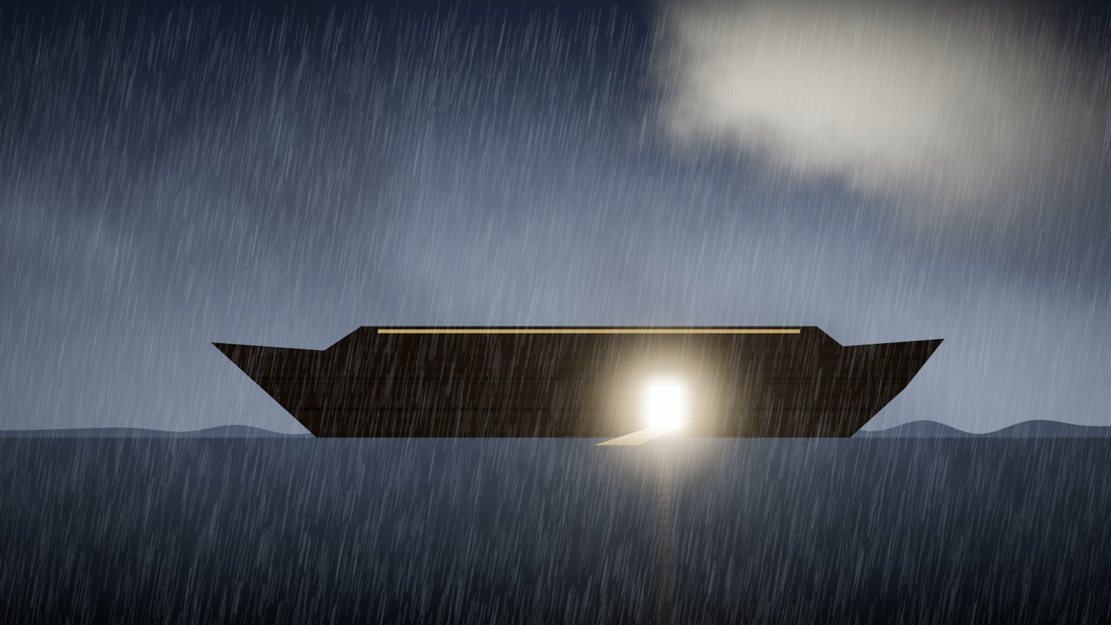 Original artwork: the ark in the rain with its one door open and lit.